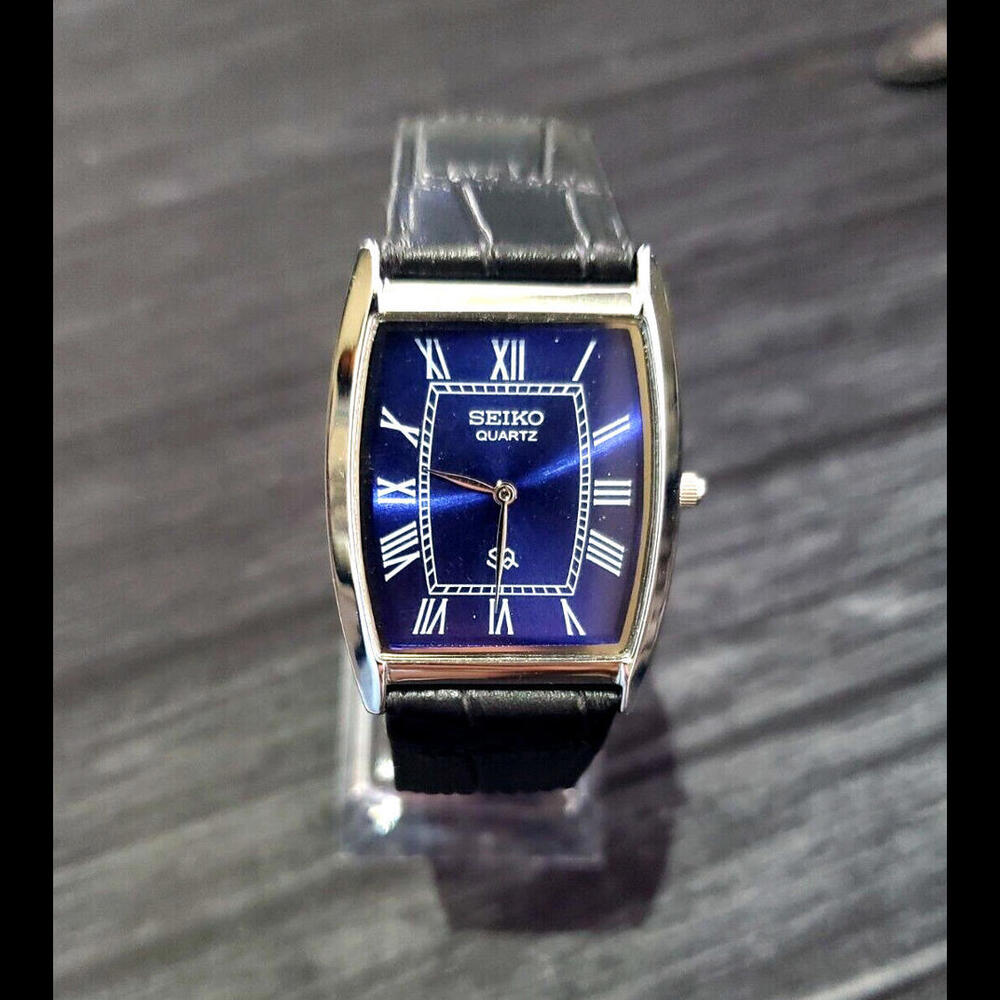 RARE Mens  Slim Seiko Tank Barrel Blue Satin Roman Dial Watch New‎ Mvt & Batt 🌟